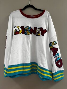 Disney White Long-Sleeve Crew with Teal, Yellow & Red Accents